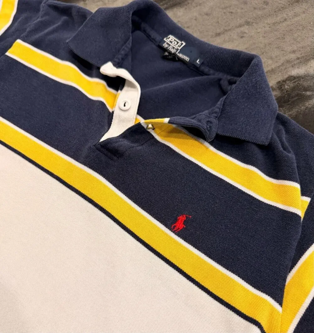 Vintage Polo Ralph Lauren Rugby Shirt L Navy Yellow White Stripe Red Pony
